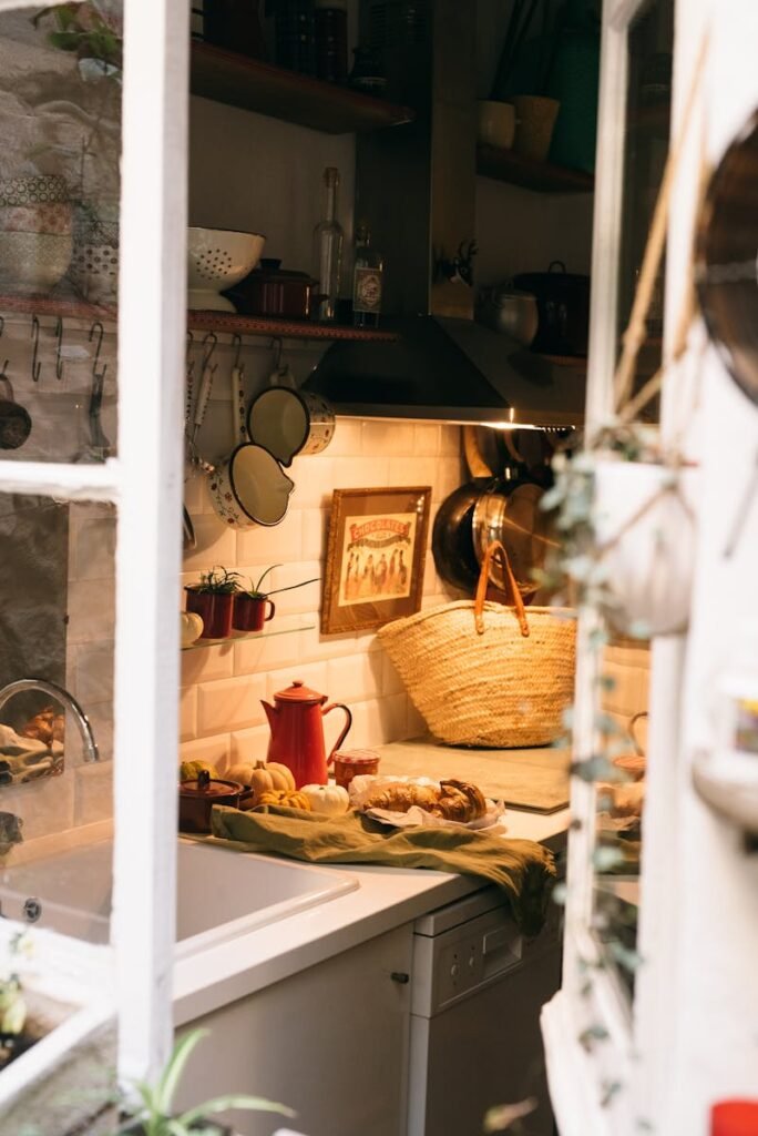 Charming rustic kitchen interior with vintage elements and warm lighting.